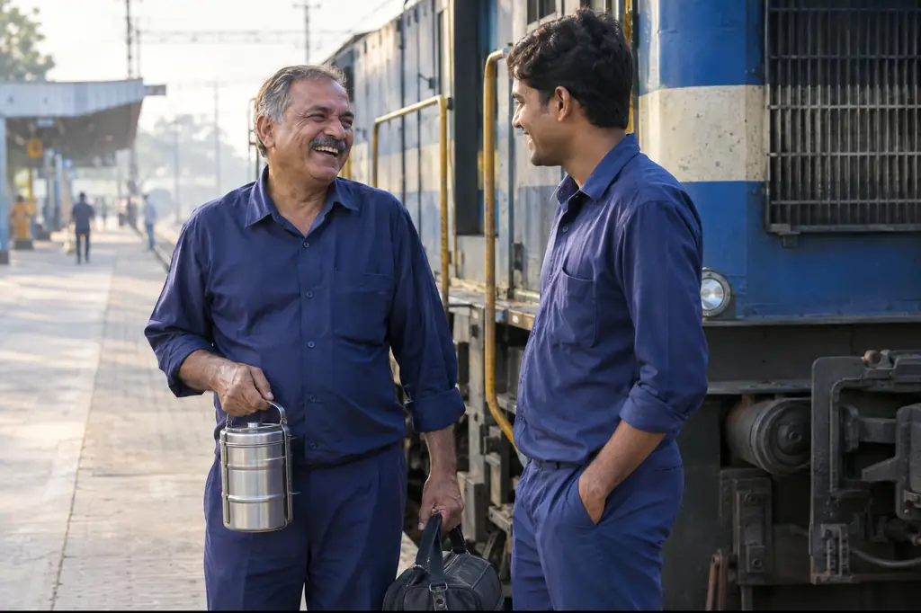 A railway loco pilot and a younger colleague on a station platform